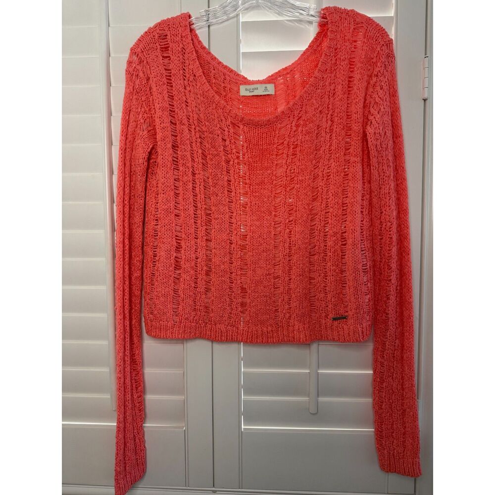 Gilly Hicks Sydney Neon Coral Pink Open Knit Distressed Crop Sweater Size XS